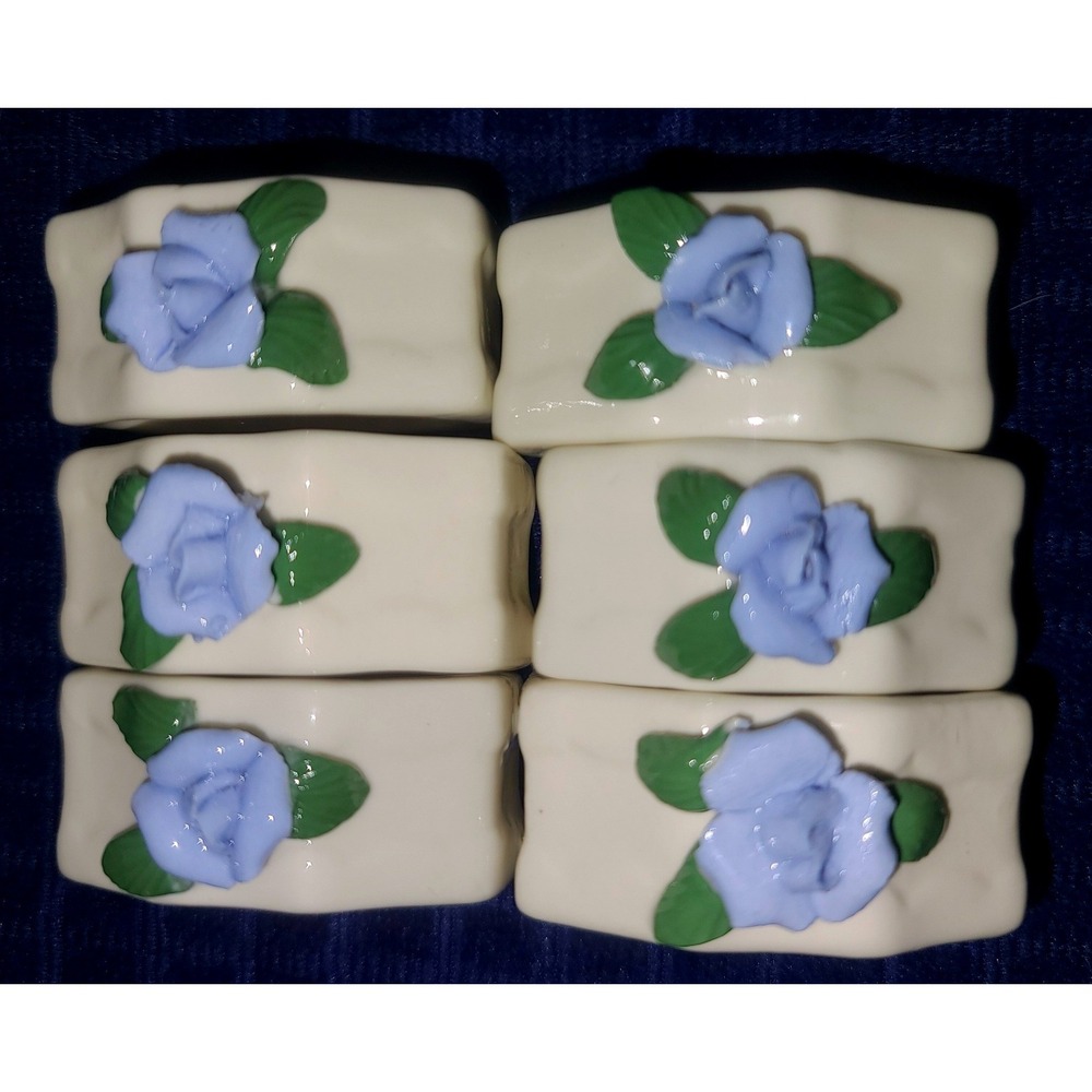 Set of 6 Vintage Porcelain Napkin Rings 3D Blue Rosettes Floral Cream Hexagon‎